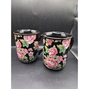 Floral Garden Black Ceramic Mugs Set Of 2 Pink Blue Flowers Otagiri Japan 8oz